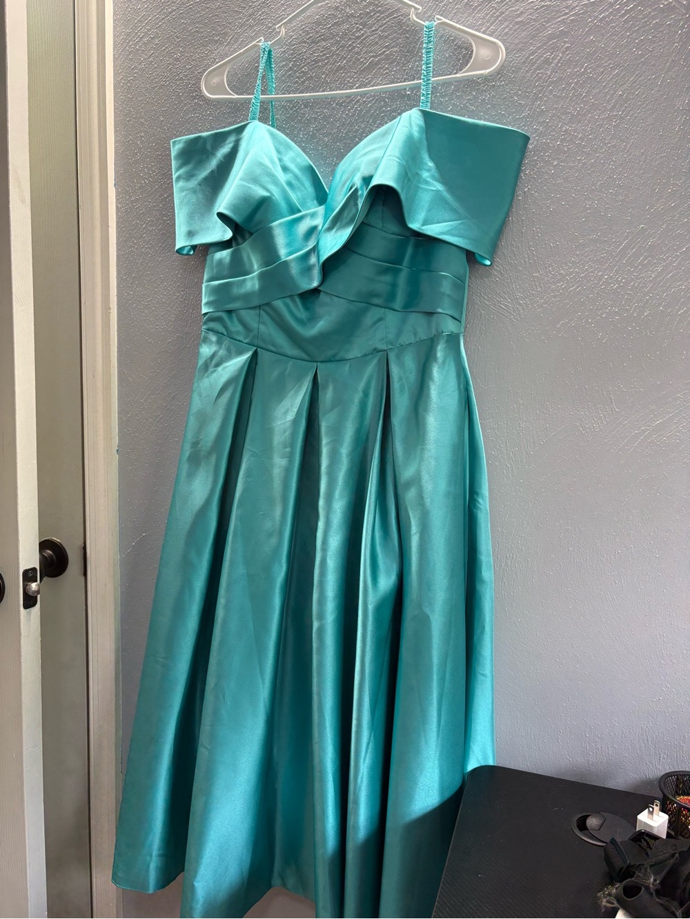 Teal Satin Prom Dress with Sweetheart Ruffle Bodice
